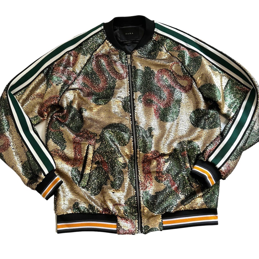 Zara Mens Camo Snake Sequins Bomber Jacket XL